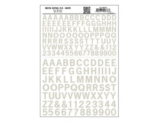 Woodland Scenics 733 Dry Transfer Alphabet & Numbers - Railroad Gothic - 3/8 & 1/2" 1 & 1.3cm -- White A Scale