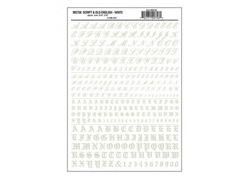 Woodland Scenics 756 Dry Transfer Alphabet & Numbers - Script/Old English -- White A Scale