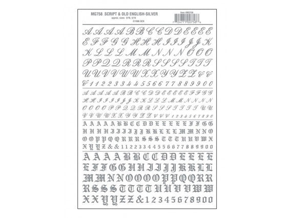 Woodland Scenics 758 Dry Transfer Alphabet & Numbers - Script/Old English -- Silver A Scale