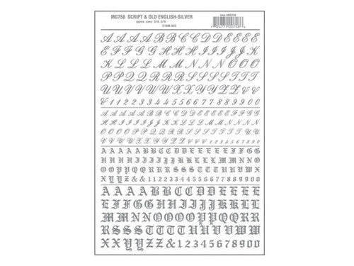 Woodland Scenics 758 Dry Transfer Alphabet & Numbers - Script/Old English -- Silver A Scale