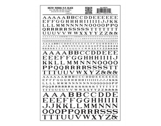 Woodland Scenics 701 Dry Transfer Alphabet - Railroad Roman - 1/16, 3/32, 1/8, 3/16, 1/4 & 5/16" -- Black A Scale