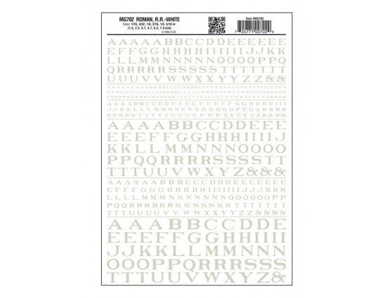 Woodland Scenics 702 Dry Transfer Alphabet - Railroad Roman - 1/16, 3/32, 1/8, 3/16, 1/4 & 5/16" -- White A Scale
