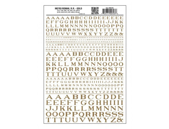 Woodland Scenics 703 Dry Transfer Alphabet - Railroad Roman - 1/16, 3/32, 1/8, 3/16, 1/4 & 5/16" -- Gold A Scale