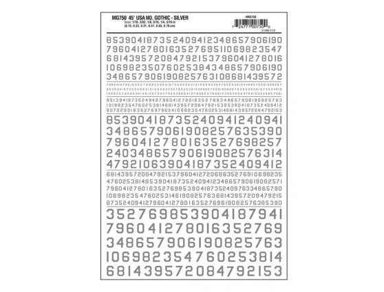 Woodland Scenics 750 Dry Transfer Numbers Only - 45 Degree USA Gothic (Military Style) -- Silver A Scale