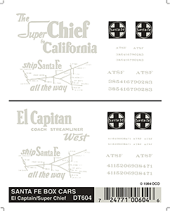 Woodland Scenics 604 Dry Transfer Railroad Lettering Sets -- ATSF Box Cars - "El Capitan" & "Super Chief" w/Straight Line Map (white) HO Scale