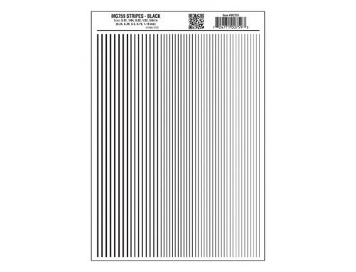 Woodland Scenics 759 Dry Transfer Stripes - .010, 1/64, .022, 1/32 & 3/64" Wide -- Black A Scale