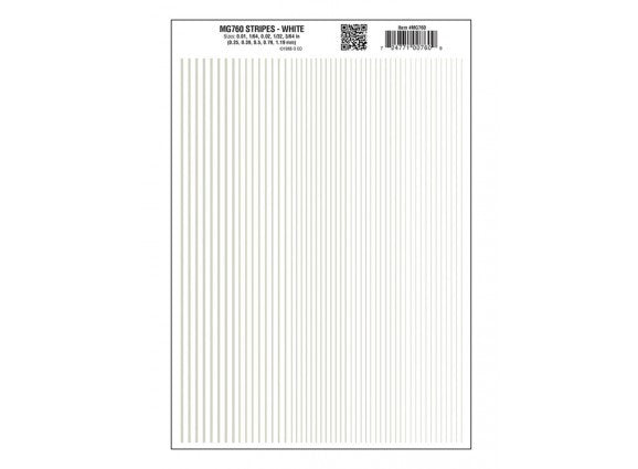 Woodland Scenics 760 Dry Transfer Stripes - .010, 1/64, .022, 1/32 & 3/64" Wide -- White A Scale