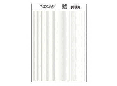 Woodland Scenics 760 Dry Transfer Stripes - .010, 1/64, .022, 1/32 & 3/64" Wide -- White A Scale