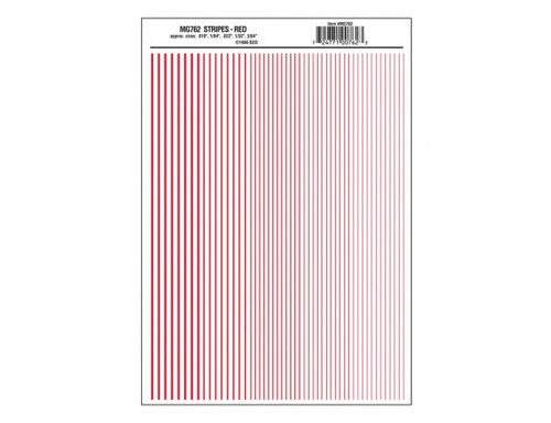 Woodland Scenics 762 Dry Transfer Stripes - .010, 1/64, .022, 1/32 & 3/64" Wide -- Red A Scale