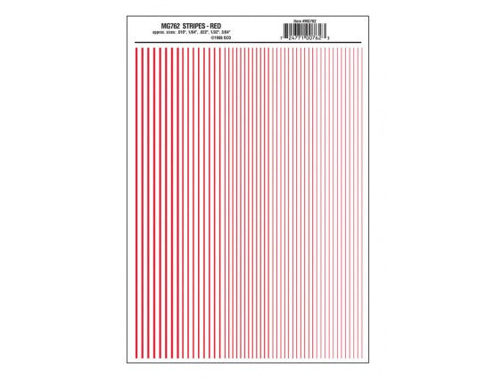 Woodland Scenics 762 Dry Transfer Stripes - .010, 1/64, .022, 1/32 & 3/64" Wide -- Red A Scale