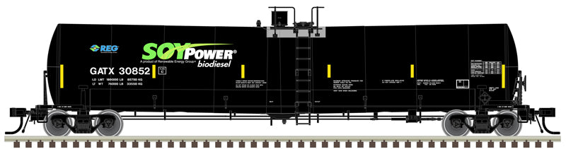 Atlas 50006183 Trinity 25,500-Gallon Tank Car - Soy Power Bio Fuels GATX #30836 (black, blue, green, white) N Scale