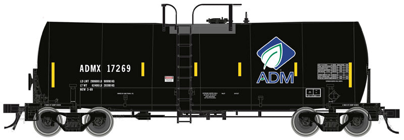 Atlas 20007219 Trinity 17,600-Gallon Corn Syrup Tank Car - ADM #17283 (black, white, blue, green, Leaf Logo, Conspicuity Stripes) HO Scale