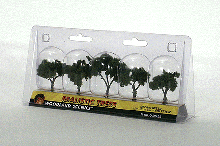 Woodland Scenics 1502 Ready-Made "Realistic Trees" - Deciduous - Medium Green -- 1-1/4 to 2" 3.2 to 5.1cm pkg(5) A Scale