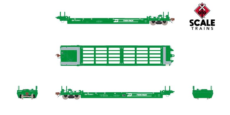 Scaletrains SXT40087 PS-Trinity Backpacker Well Car Set (5) Burlington Northern/Twin-Pack #63902 HO Scale