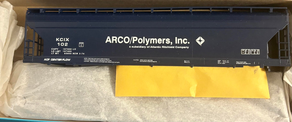 Bev-Bel 1990 55' A.C.F. Center-Flow Hopper KCIX Arco Polymers #102 HO Scale