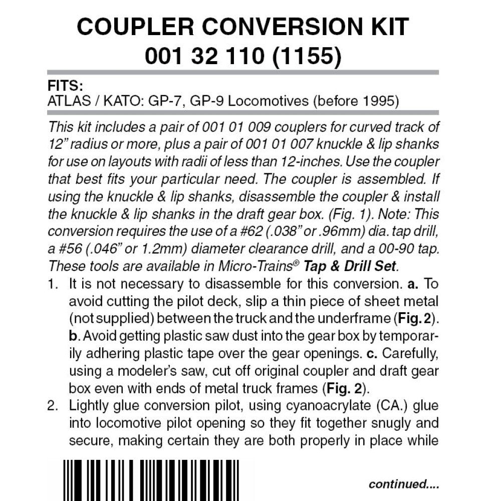 Micro Trains 00132110 1155 Locomotive Coupler Conversion Kits w/Pilot Face -- Atlas GP7 or GP9 (black pilot) (1980s Kato-made units w/truck mounted coupler) N Scale