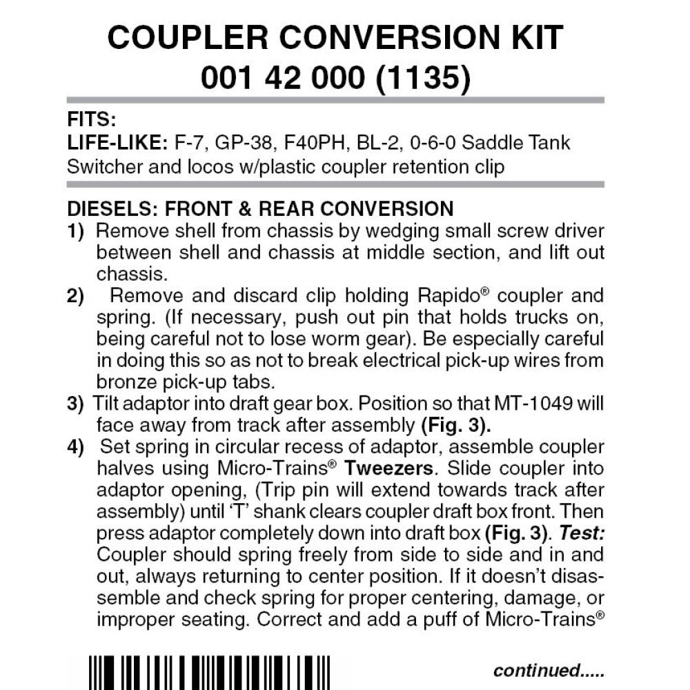 Micro Trains 00142000 1135 Truck Mount Couplers -- Life Like F-Units & GPs  2 Pairs N Scale