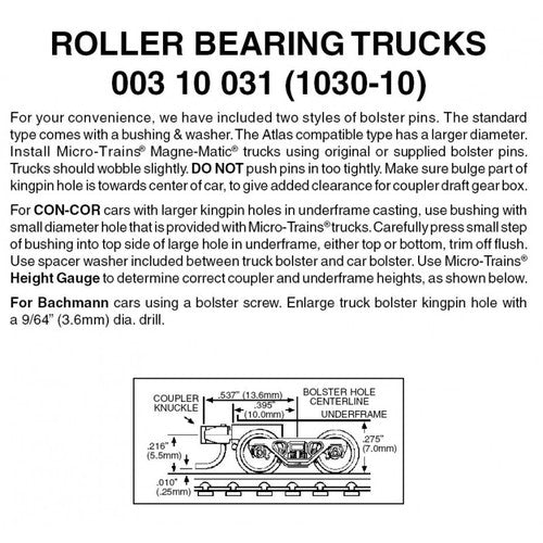 MICRO TRAINS 003 10 031 Roller Bearing Trucks with Short Extension RDA Couple 1030-10  (SCALE=N)