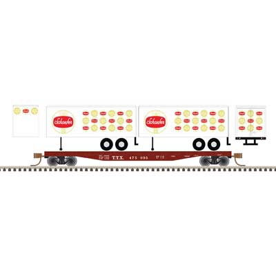 Atlas 50006516 50' Piggyback Flatcar w/Two 24' Trailers - Ready to Run -- TTX #475144 (Schaefer Trailers, white, red, gold) N Scale