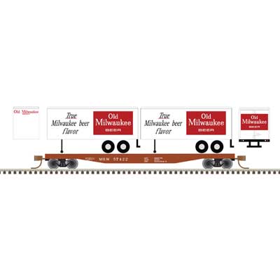 Atlas 50006510 50' Piggyback Flatcar w/Two 24' Trailers - Ready to Run -- Milwaukee Road #57514 (Old Milwaukee Trailers, white, black, red) N Scale