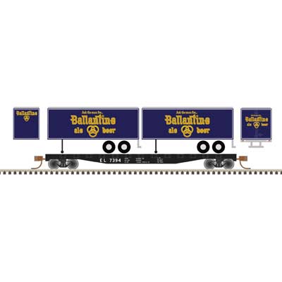 Atlas 50006503 50' Piggyback Flatcar w/Two 24' Trailers - Ready to Run -- Erie-Lackawanna #7394 (Ballantine Trailers; blue, yellow) N Scale
