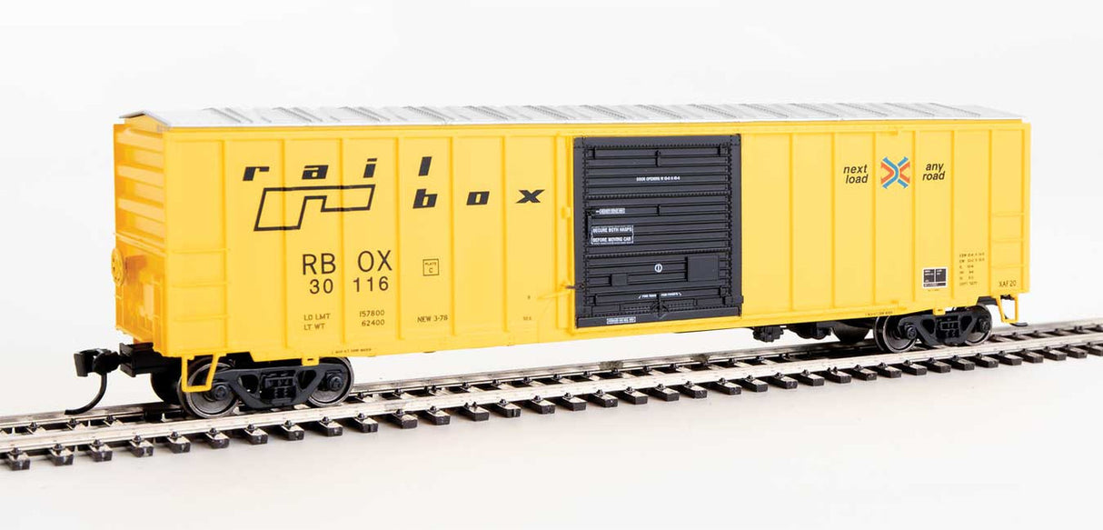 Walthers 910-1865 50' ACF Exterior Post Boxcar Railbox #30116 (yellow, Black Door; Small Logo, Slogan) HO Scale