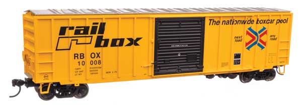 Walthers 910-1892 50' ACF Exterior Post Boxcar Railbox RBOX #10008 (yellow, black, red, blue) HO Scale