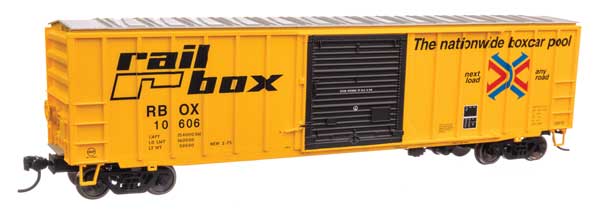 Walthers 910-1895 50' ACF Exterior Post Boxcar Railbox RBOX #10606 (yellow, black, red, blue) HO Scale