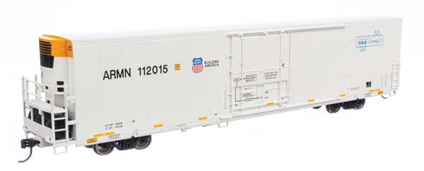 Walthers 910-4155 72' Modern Refrigerator Boxcar UP Union Pacific ARMN #112015 white, high reporting mark, Cold Connect logo HO Scale