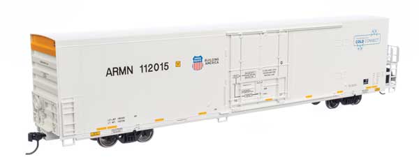 Walthers 910-4155 72' Modern Refrigerator Boxcar UP Union Pacific ARMN #112015 white, high reporting mark, Cold Connect logo HO Scale