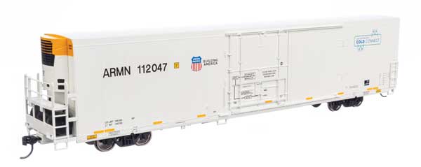 Walthers 910-4156 72' Modern Refrigerator Boxcar UP Union Pacific ARMN #112047 white, high reporting mark, Cold Connect logo HO Scale