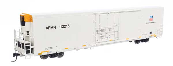 Walthers 910-4158 72' Modern Refrigerator Boxcar UP Union Pacific ARMN #112216 white, high reporting mark, shield & slogan HO Scale