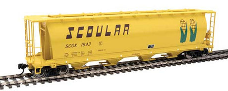 Walthers 910-7863c Scoular SCOX #1543 (yellow, brown, green; Double-Corn Logo) 59' Cylindrical Hopper HO Scale