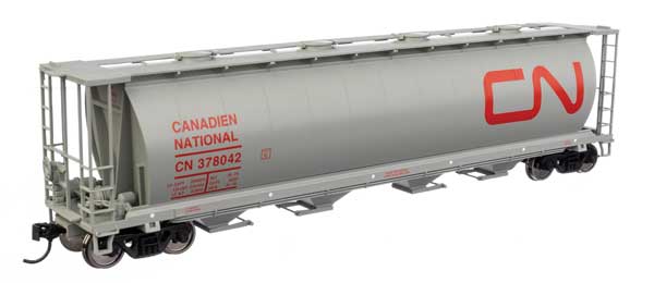 Walthers 910-7876 CN Canadian National #378042 (gray, red; English & French name, round hatches) 59' Cylindrical Hopper HO Scale