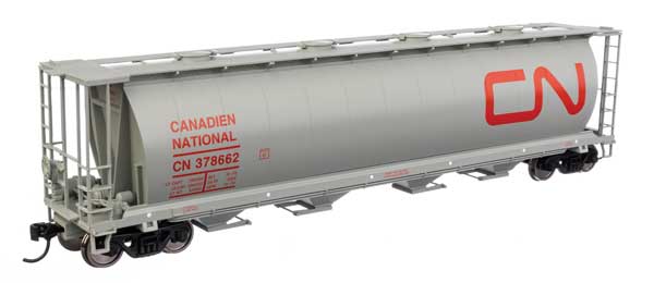 Walthers 910-7879 CN Canadian National #378662 (gray, red; English & French name, round hatches) 59' Cylindrical Hopper HO Scale