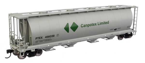 Walthers 910-7884 Canpotex Ltd PTEX #456038 (white, green, black, round hatches) 59' Cylindrical Hopper HO Scale