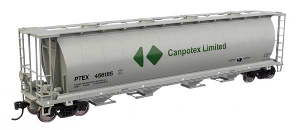 Walthers 910-7886 Canpotex Ltd PTEX #456185 (white, green, black, round hatches) 59' Cylindrical Hopper HO Scale