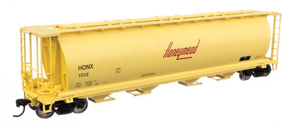 Walthers 910-7896 Honeymead #1012 (yellow, black, red logo; trough hatches) 59' Cylindrical Hopper HO Scale