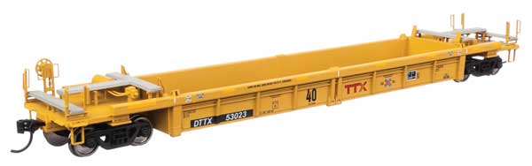 Walthers 910-8432 Thrall Rebuilt 40' Well Car TTX DTTX #53023 - red TTX & Next Load Any Road logos, yellow conspicuity stripe HO Scale