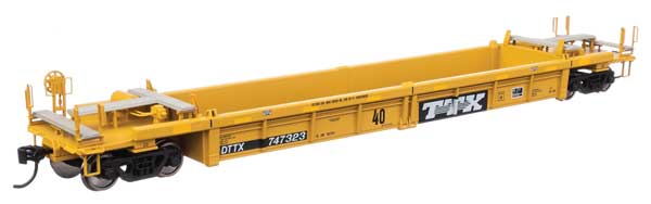 Walthers 910-8437 Thrall Rebuilt 40' Well Car TTX DTTX #747323 - large black & white TTX logo w/yellow conspicuity stripes HO Scale