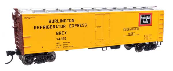 Walthers 910-41407c 40' Steel Reefer with Dreadnaught Ends - Ready-to-Run -- Burlington Refrigerator Express BREX #74360 HO Scale