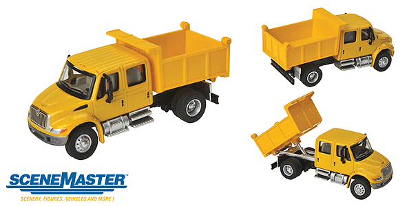 Walthers 949-11632 International 4300 Crew Cab Dump Truck Yellow - Assembled HO Scale SceneMaster