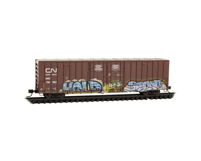 Micro Trains 123 44 160 60' Rib-Side, Double-Plug-Door High-Cube Boxcar - Ready to Run -- Canadian National DWC #794962 Weathered, Boxcar Red, Noodle Logo, graffiti) N Scale