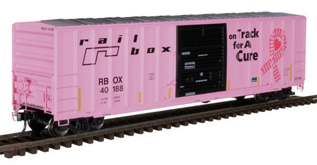 Atlas 20006215 FMC 5077 50' SD Boxcar RBOX - Railbox #40188 (pink, black, On Track for a Cure) HO Scale