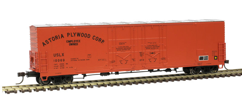 Atlas 20006774  USLX - Astoria Plywood #10069 (orange, black) Evans 53' Double Plug-Door Boxcar HO Scale