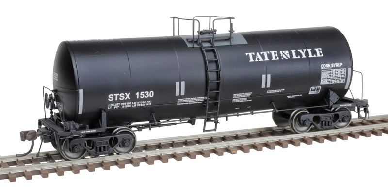 Atlas 20007214 Trinity 17,600-Gallon Corn Syrup Tank Car - STSX Tate & Lyle #1794 (black, white, silver, Conspicuity Stripes) HO Scale