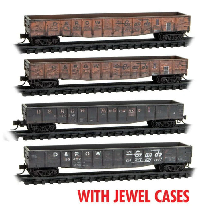 Micro-Trains 983 05 036 50' Steel Gondola 4-Pack (Jewel Cases) - Ready to Run - Denver & Rio Grande Western #56389, 56393, 55101, 55437 (Weathered) N Scale