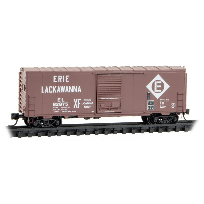 MICRO TRAINS 073 00 610 Single-Door Boxcar No Roofwalk EL Erie Lackawanna #82875 (Boxcar Red, white, XF Food Loading) N Scale