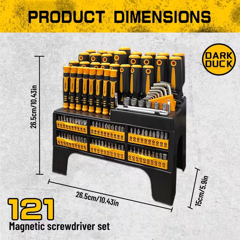 121pcs Magnetic Screwdriver Set with Plastic Case & Tool Bowl - Chrome Vanadium Steel Multi-Size PH/TX/W/ZH Bits, Non-Slip Rubber Grip, Heavy-Duty Magnetic Tips ALL Scale