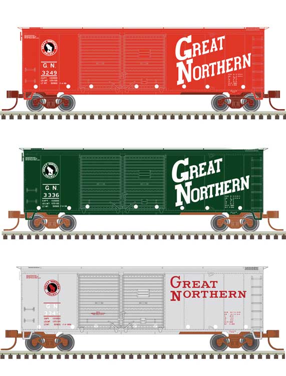 Atlas 50006203 40' Double Door Box Car 3 Pack - GN Great Northern #3249, 3336, 3345 (Experimental Schemes 1 Each) N Scale